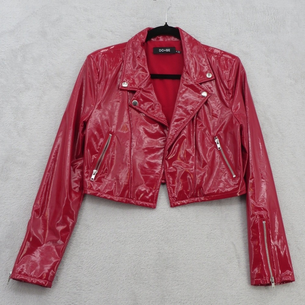 DO+BE Womens S Red Patent Look Moto Jacket Cropped Biker Shiny Faux Leather